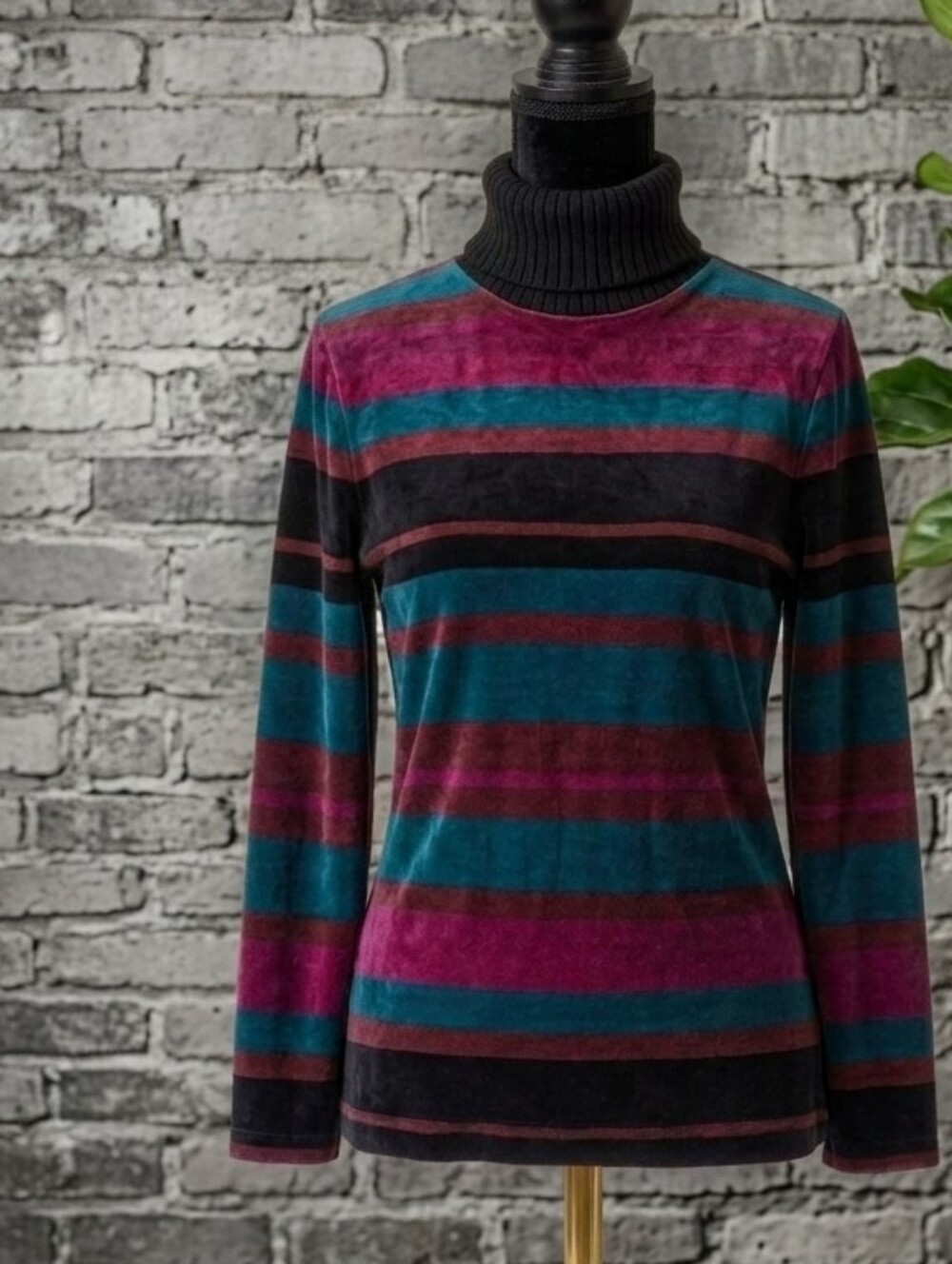 Vtg 90s Liz Claiborne Striped Velour Turtleneck Sweater in Teal, Magenta & Black